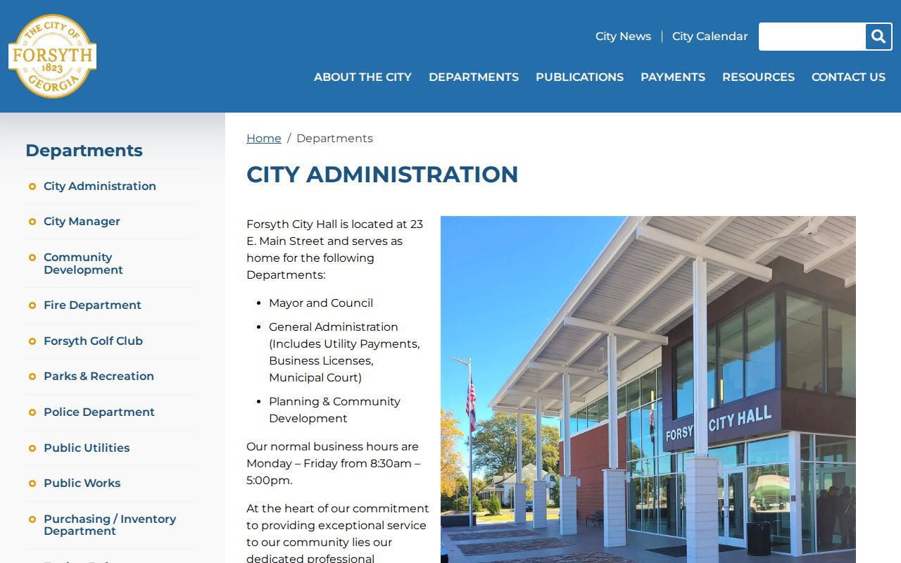 Forsyth City Administration page with Municipal Court clerk information