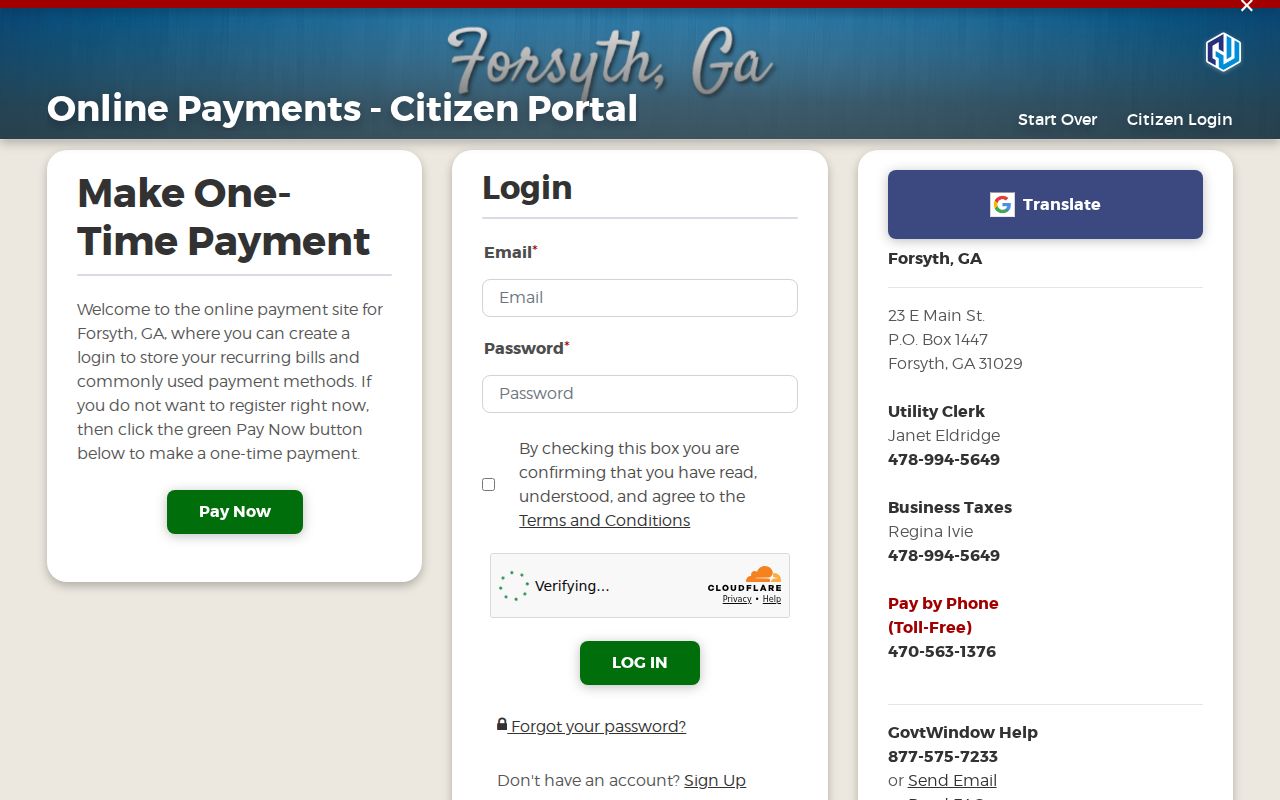 Forsyth Government Window city citation payment login interface