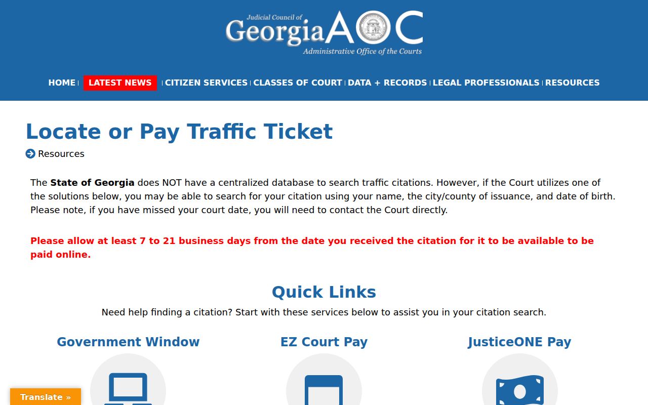Monroe County traffic warrant search guidance showing no centralized Georgia citation database